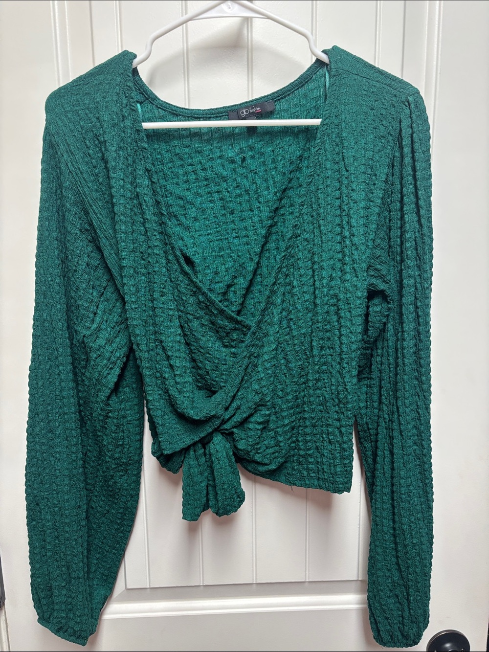 Gb Fashion Green Waffle-Knit Tie-Front Crop Top